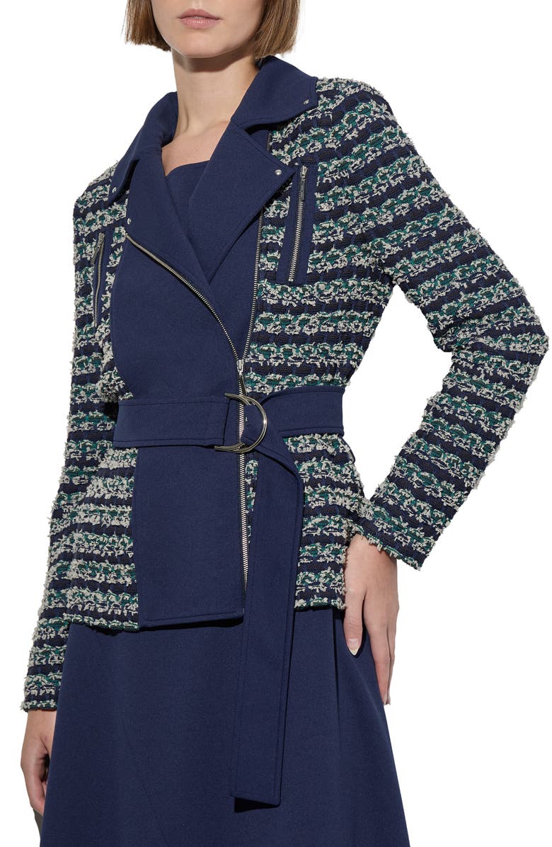 Ming Wang Belted Mixed Media Moto Jacket, Main, color, Regatta/ Multi