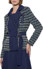 Ming Wang Belted Mixed Media Moto Jacket