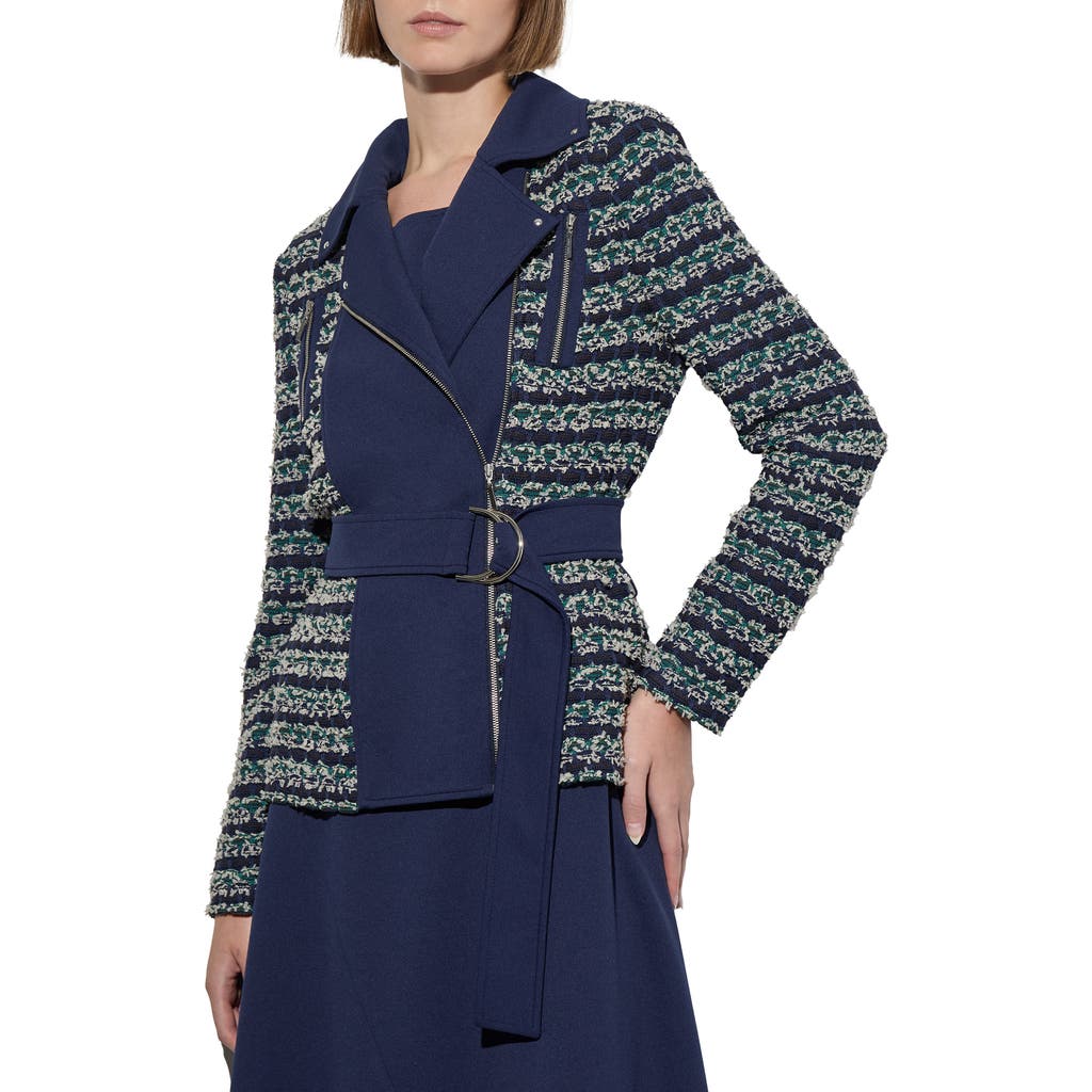 Ming Wang Belted Mixed Media Moto Jacket in Regatta/Multi
