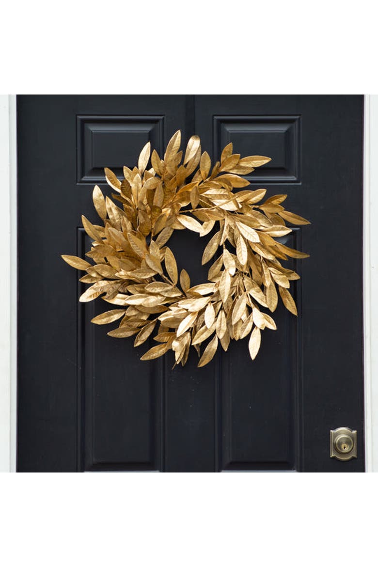 Antiqued Gold Bay Leaf Christmas Holiday Front Door Wreath, Alternate, color, Metallic Gold