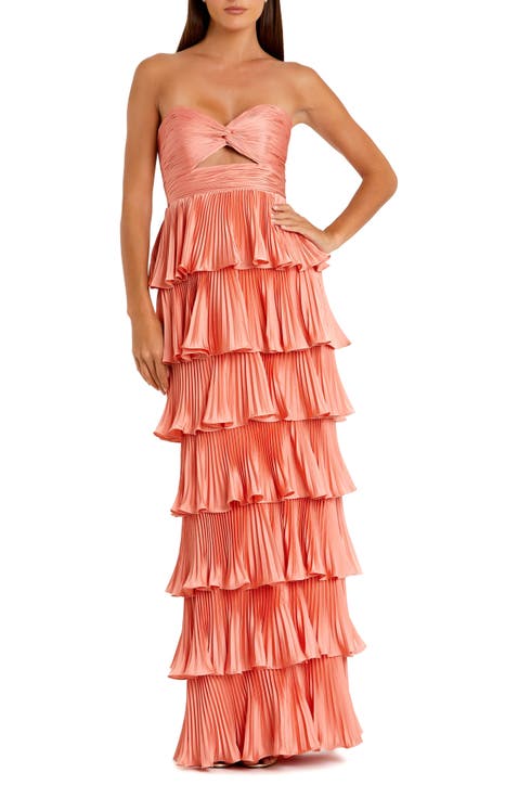 Pleated Charmeuse Strapless Tiered Ruffle Gown
