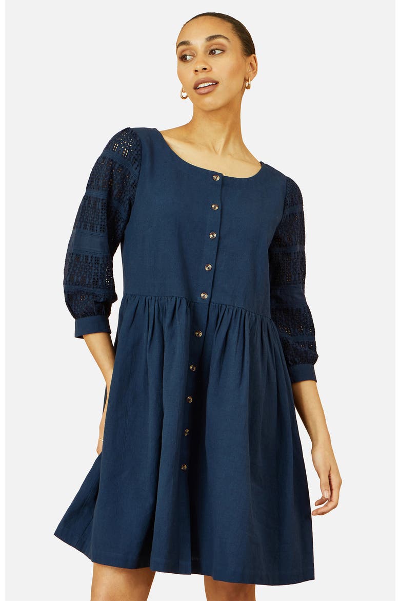 Broderie Anglaise Puff Sleeve Dress, Main, color, Navy