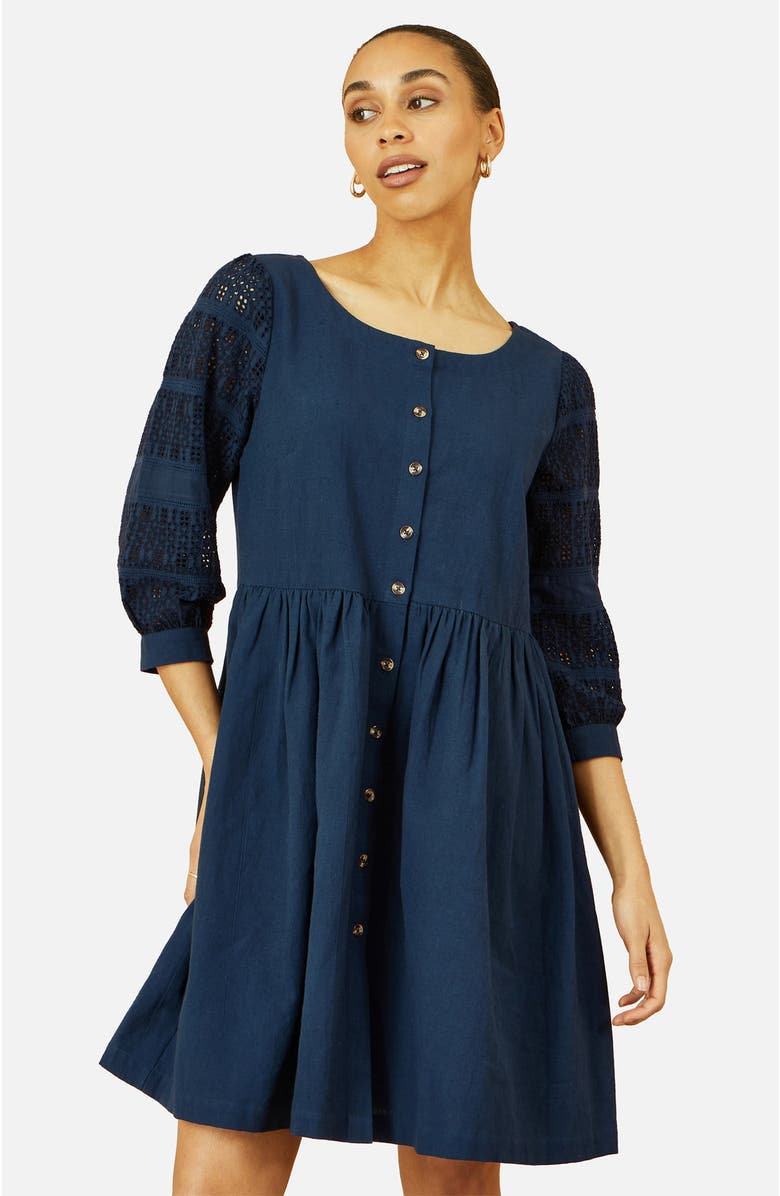 Yumi Broderie Anglaise Puff Sleeve Dress, Main, color, Navy
