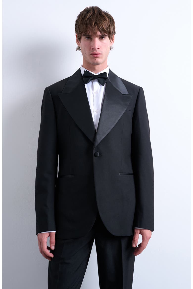 Wide Lapel Black Stretch Tuxedo Jacket, Main, color, BLACK