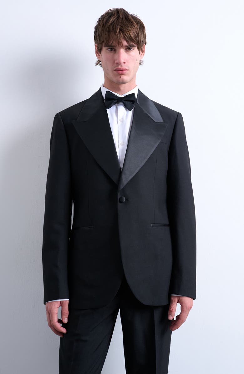 Topman Wide Lapel Black Stretch Tuxedo Jacket, Main, color, Black