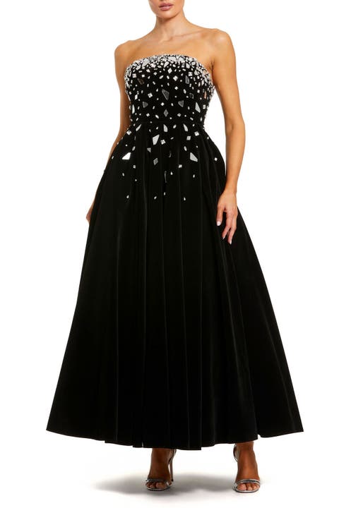 Embellished Velvet Strapless A Line Ankle Dress