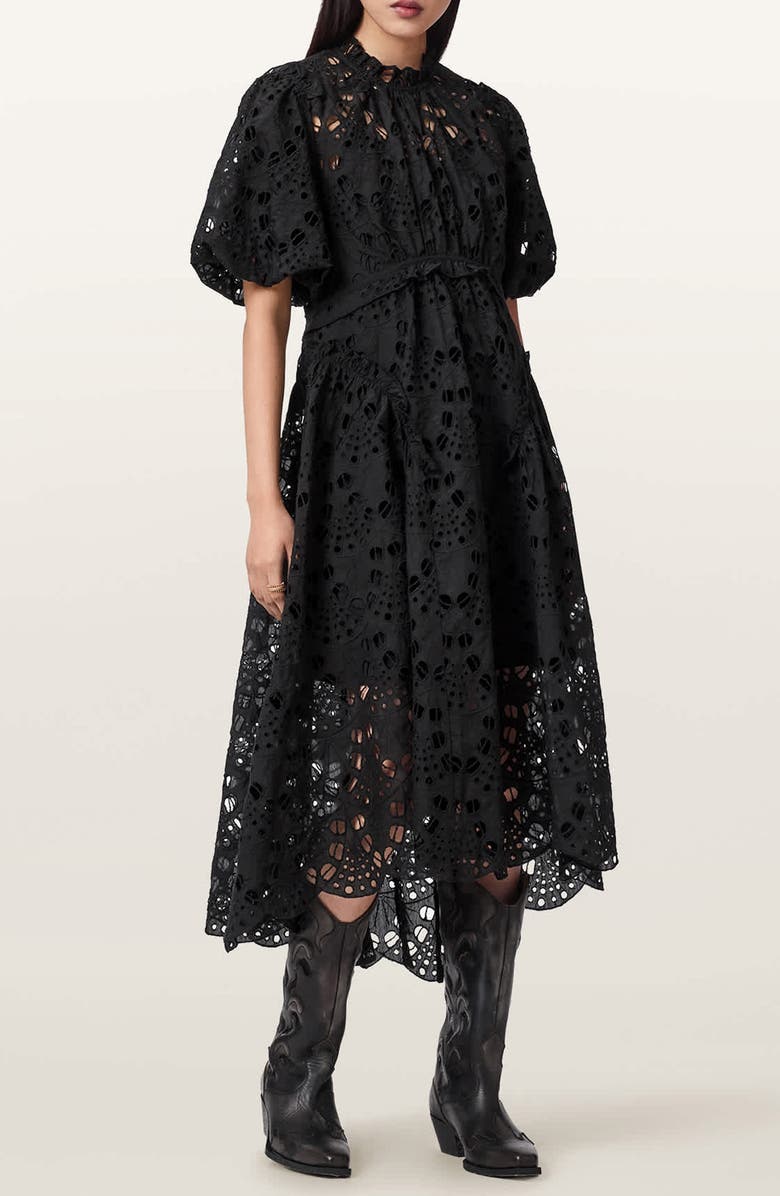 AllSaints Odette Eyelet Embroidered Dress, Alternate, color, Black