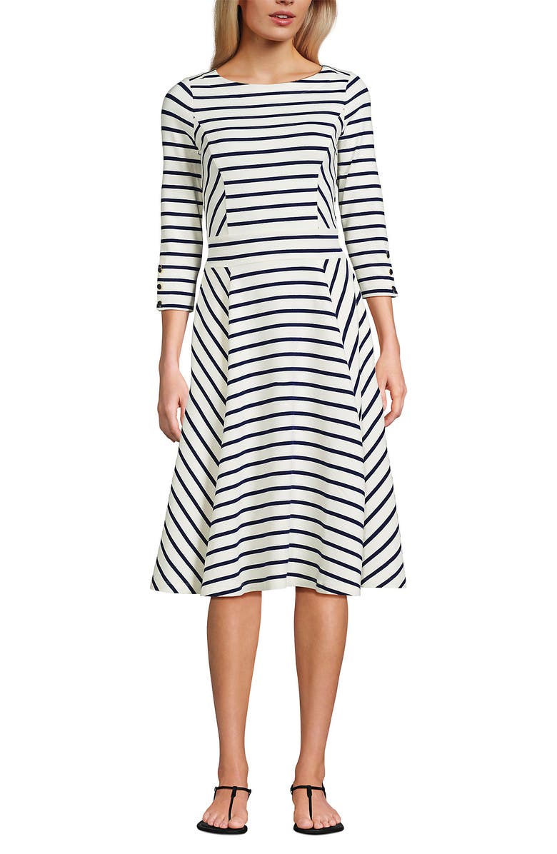Lands' End Starfish 3/4 Sleeve Dress, Alternate, color, Ivory/Deep Sea Breton Stripe