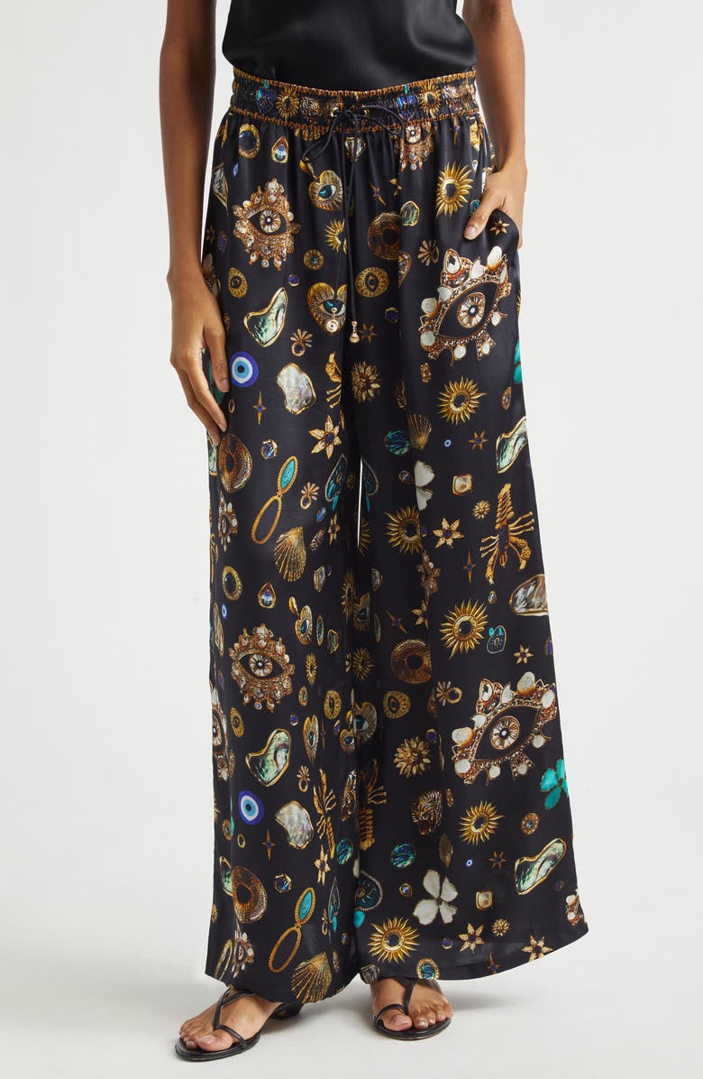Camilla Amulets & Alchemy Print Wide Leg Silk Satin Pants, Main, color, Amulets And Alchemy
