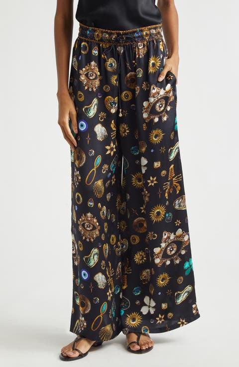 Amulets & Alchemy Print Wide Leg Silk Satin Pants