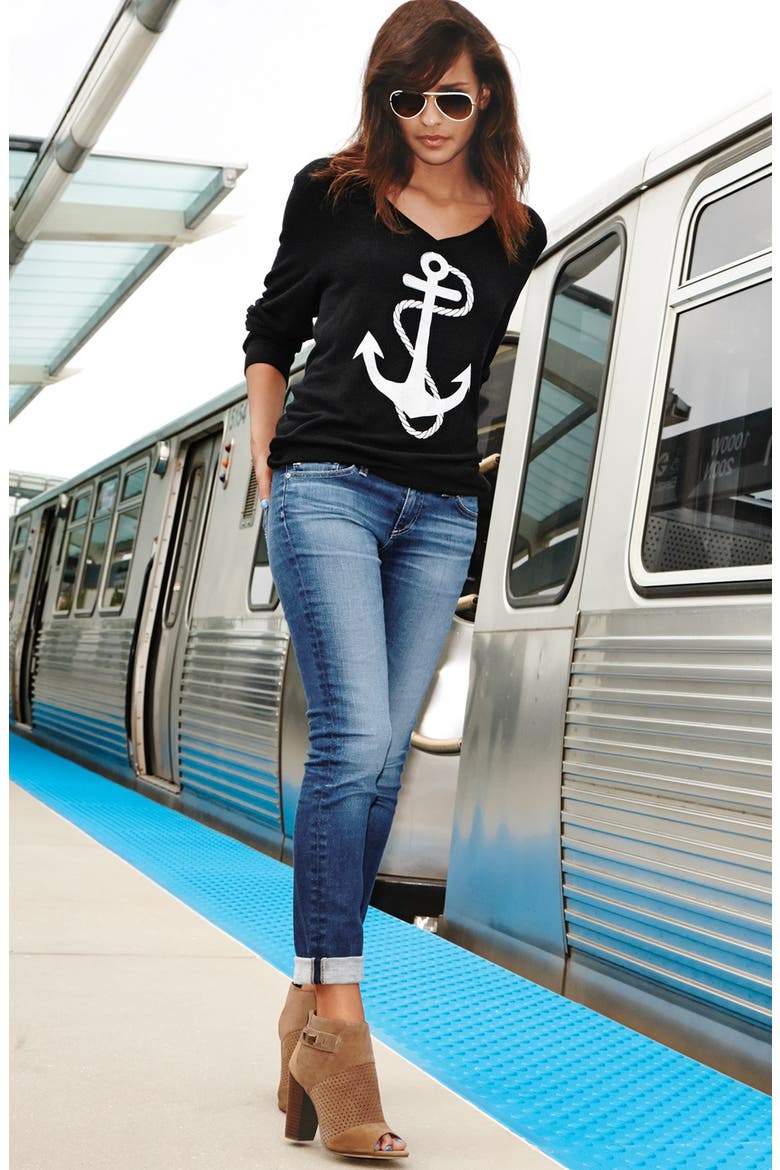 'Anchor' V-Neck Sweater, Alternate, color, JET BLACK