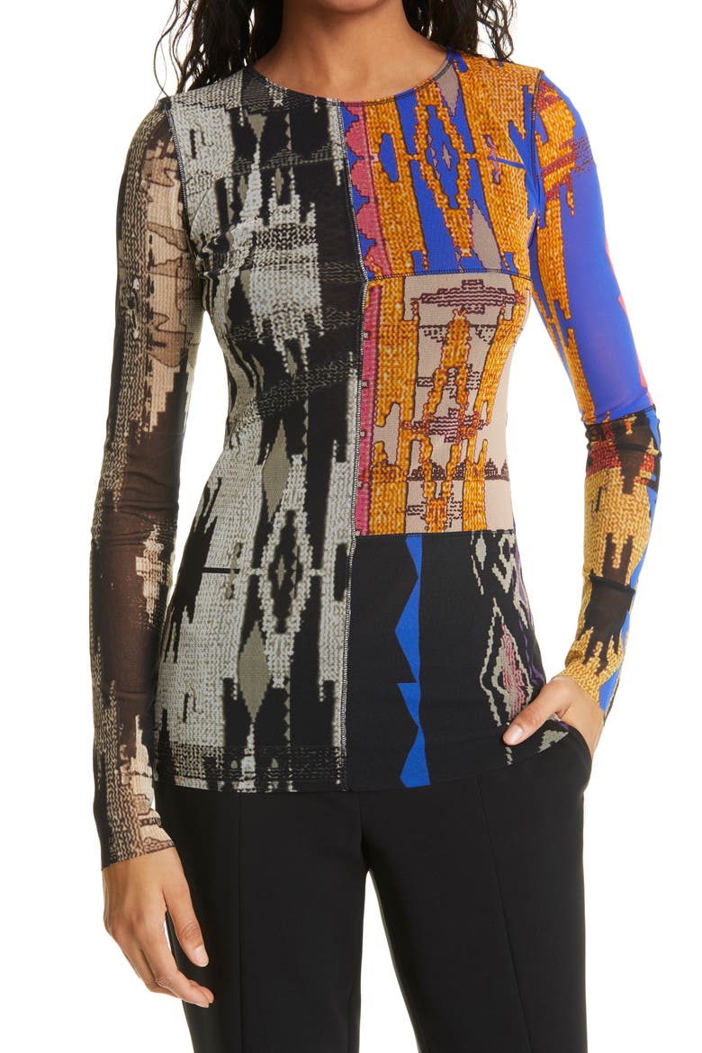 Ikat Print Mesh Knit Top, Main, color, PATCHWORK