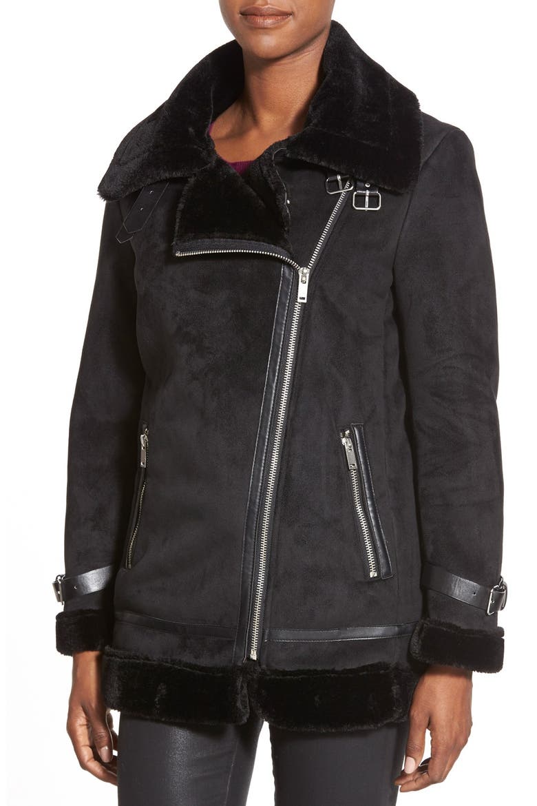 Laundry by Shelli Segal Faux Shearling Moto Jacket, Alternate, color, BLACK