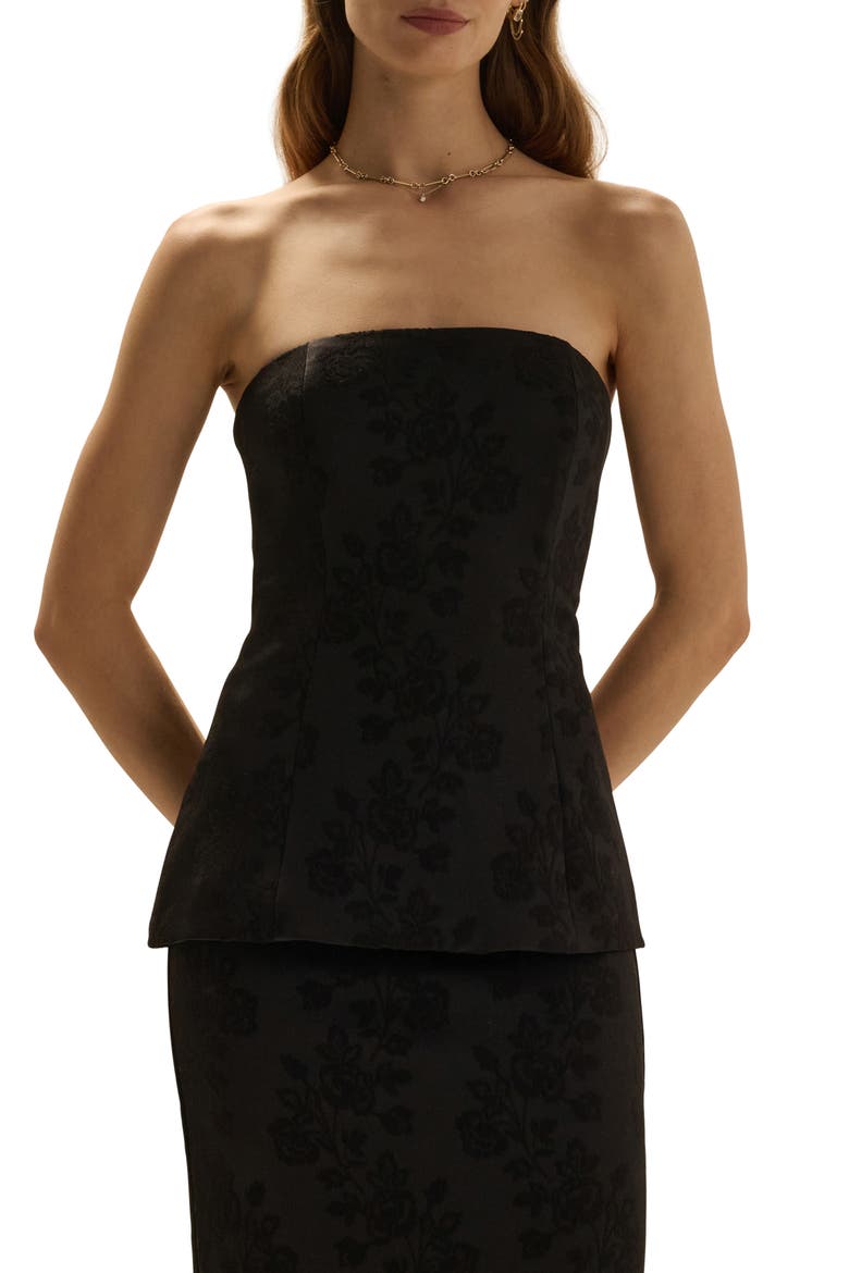 The As Promised Floral Jacquard Strapless Bustier, Main, color, BLACK FLORAL JACQU