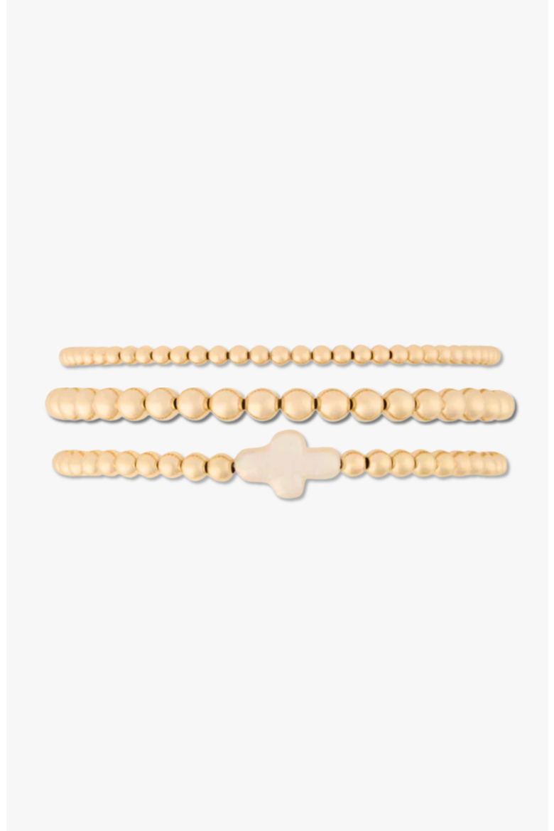 Pearl Cross 14k Gold Filled Bead Three Bracelet Stack, Main, color, Gold