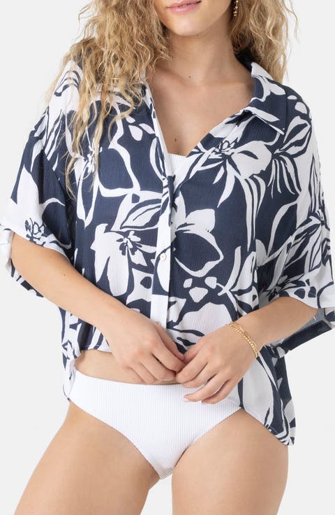 Oceanside Crop Button-Up Cover-Up Shirt