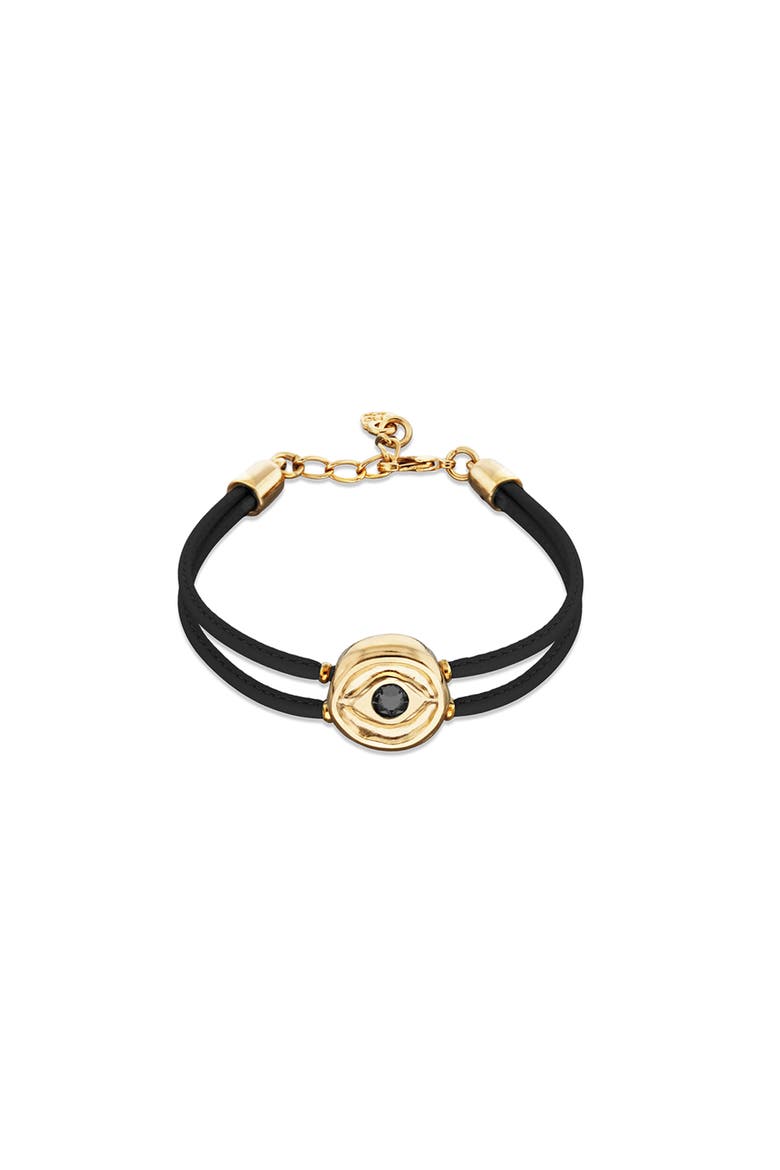 Black Double Leather Bracelet with 18K Gold-Plated Eye Detail and Crystal, Main, color, Gold