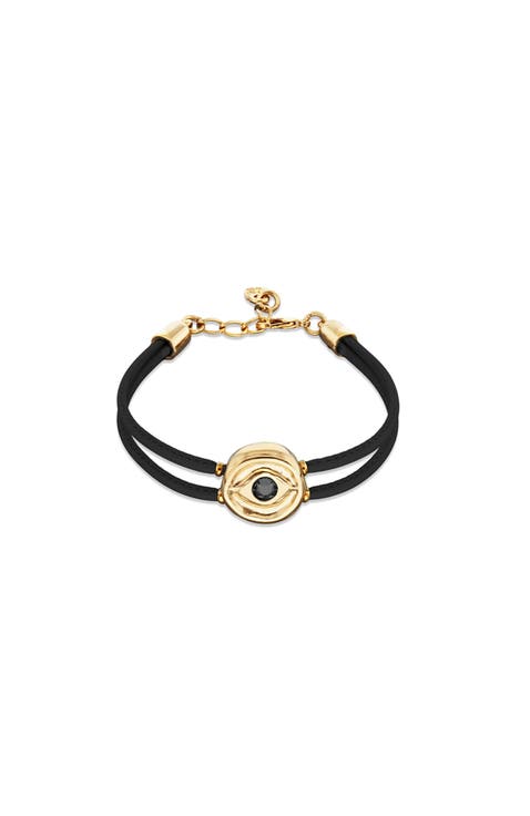 Black Double Leather Bracelet with 18K Gold-Plated Eye Detail and Crystal