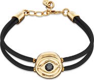 UNODE50 Black Double Leather Bracelet with 18K Gold-Plated Eye Detail and Crystal