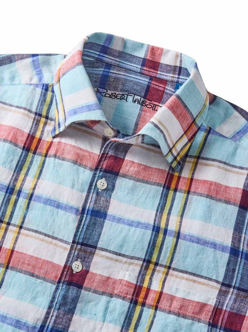 Robert Talbott Morgan Plaid Linen Short Sleeve Shirt In Blue