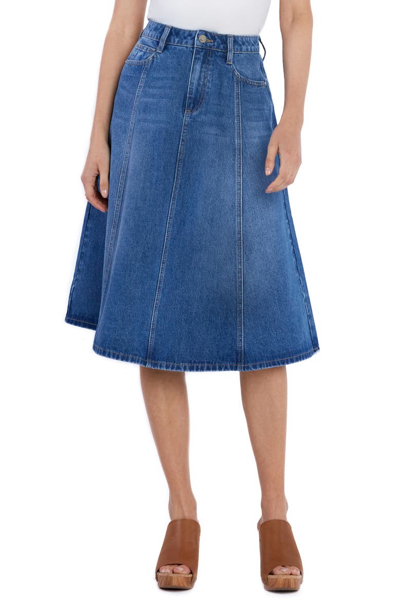 Spin Paneled Denim Midi Skirt, Main, color, SPIN BLUE