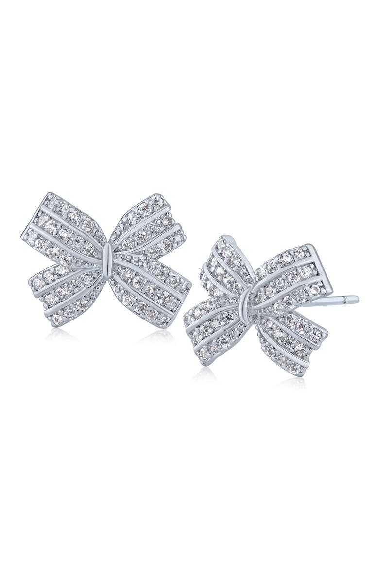 Cubic Zirconia Micro Pave Mini Bow Stud Earrings, Main, color, SILVER