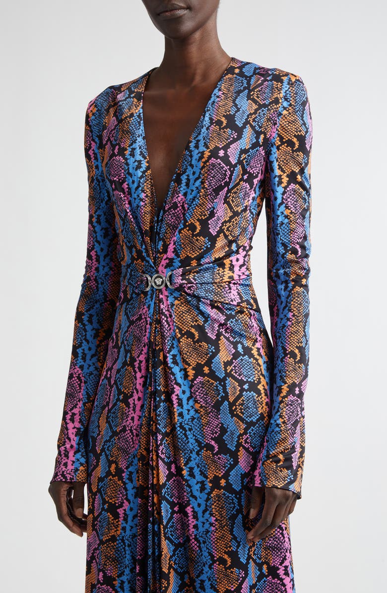 Versace Python Print Long Sleeve Liquid Jersey Dress, Alternate, color, Sky Pink Sapphire Spice