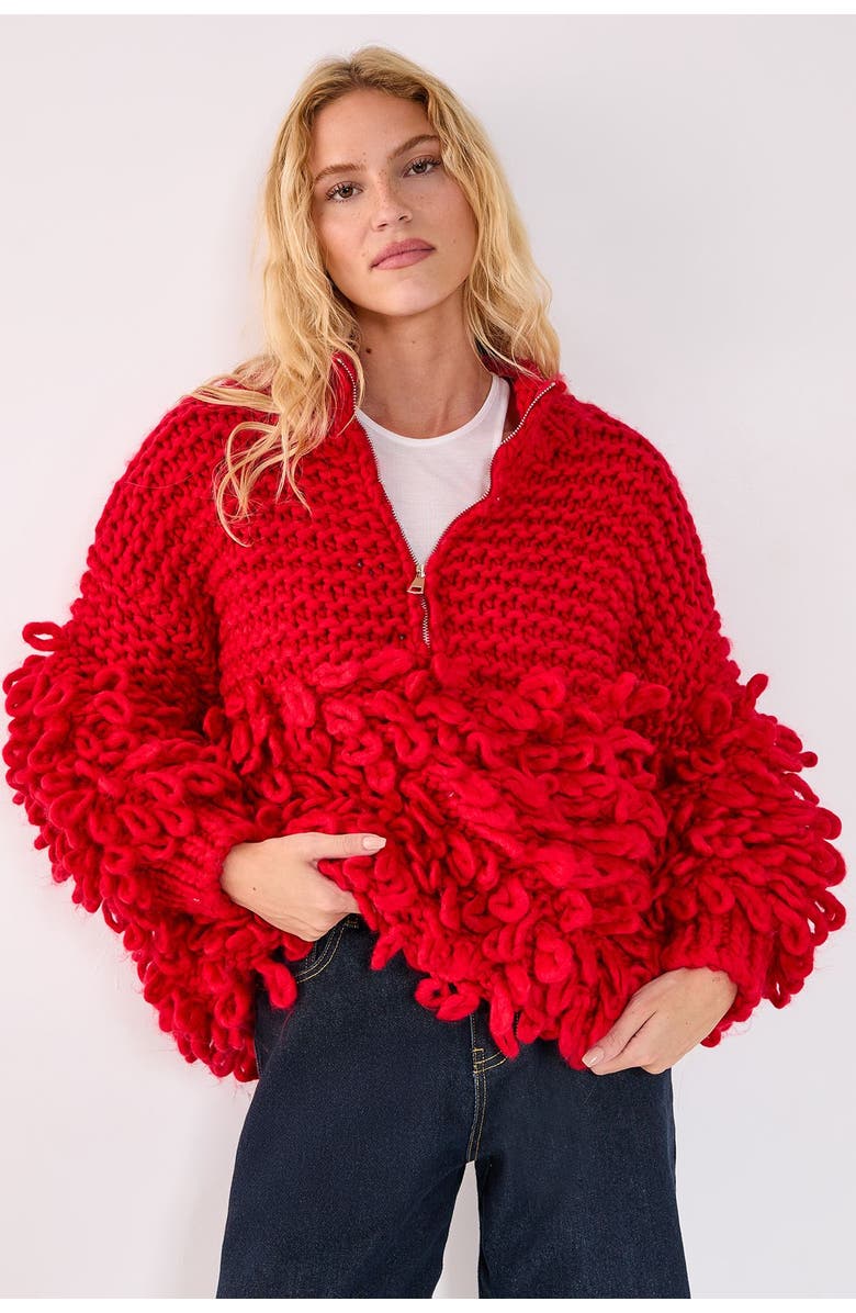 NASTY GAL Loopy Quarter Zip Sweater, Main, color, Red