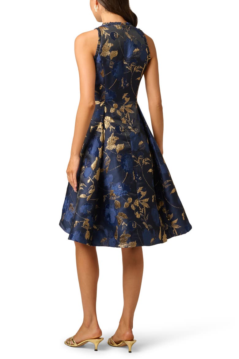 Jacquard Ruffle Sleeveless Cocktail Dress, Alternate, color, NAVY/ GOLD