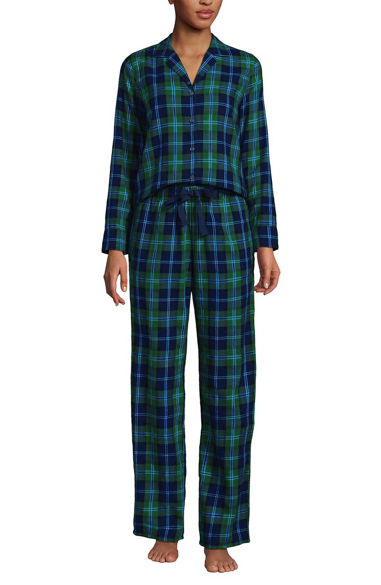 Lands' End Flannel 2 Piece Pajama Set - Long Sleeve Shirt and Pants, Main, color, Light Emerald Blackwatch