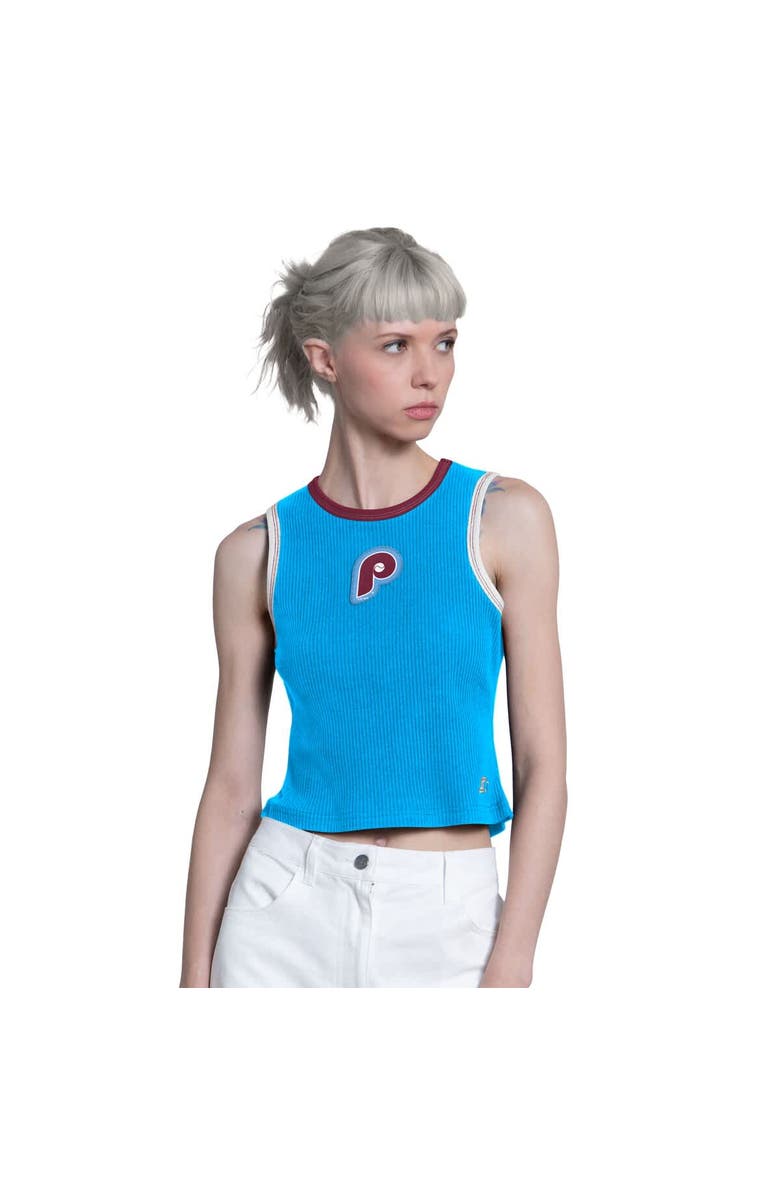 STARTER Women's Starter Light Blue Philadelphia Phillies Cooperstown Play the Ball Crop Tank Top, Main, color, Light Blue