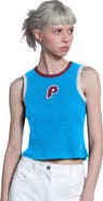 STARTER Women's Starter Light Blue Philadelphia Phillies Cooperstown Play the Ball Crop Tank Top