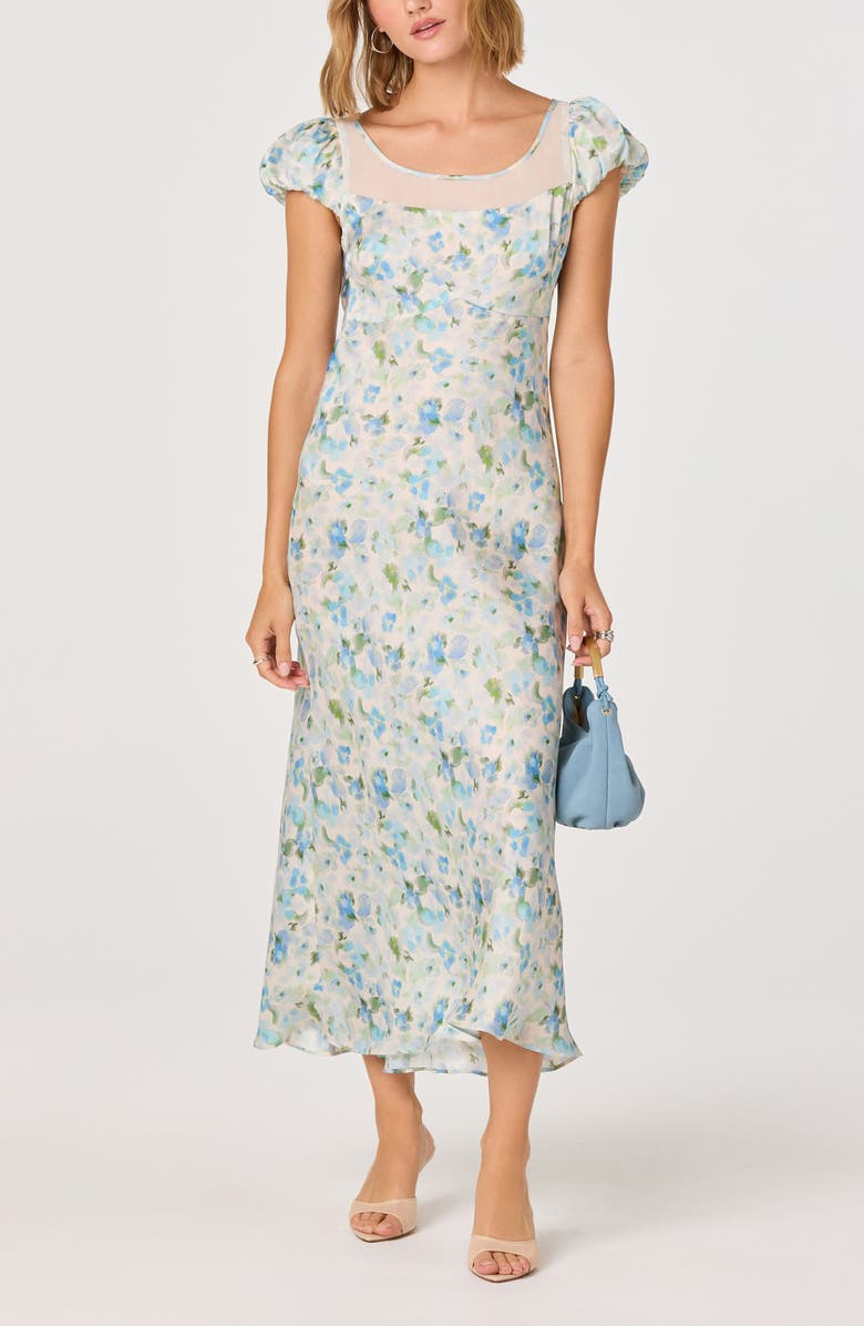 ASTR the Label Erma Floral Puff Sleeve Empire Waist Midi Dress, Alternate, color, Blue Floral