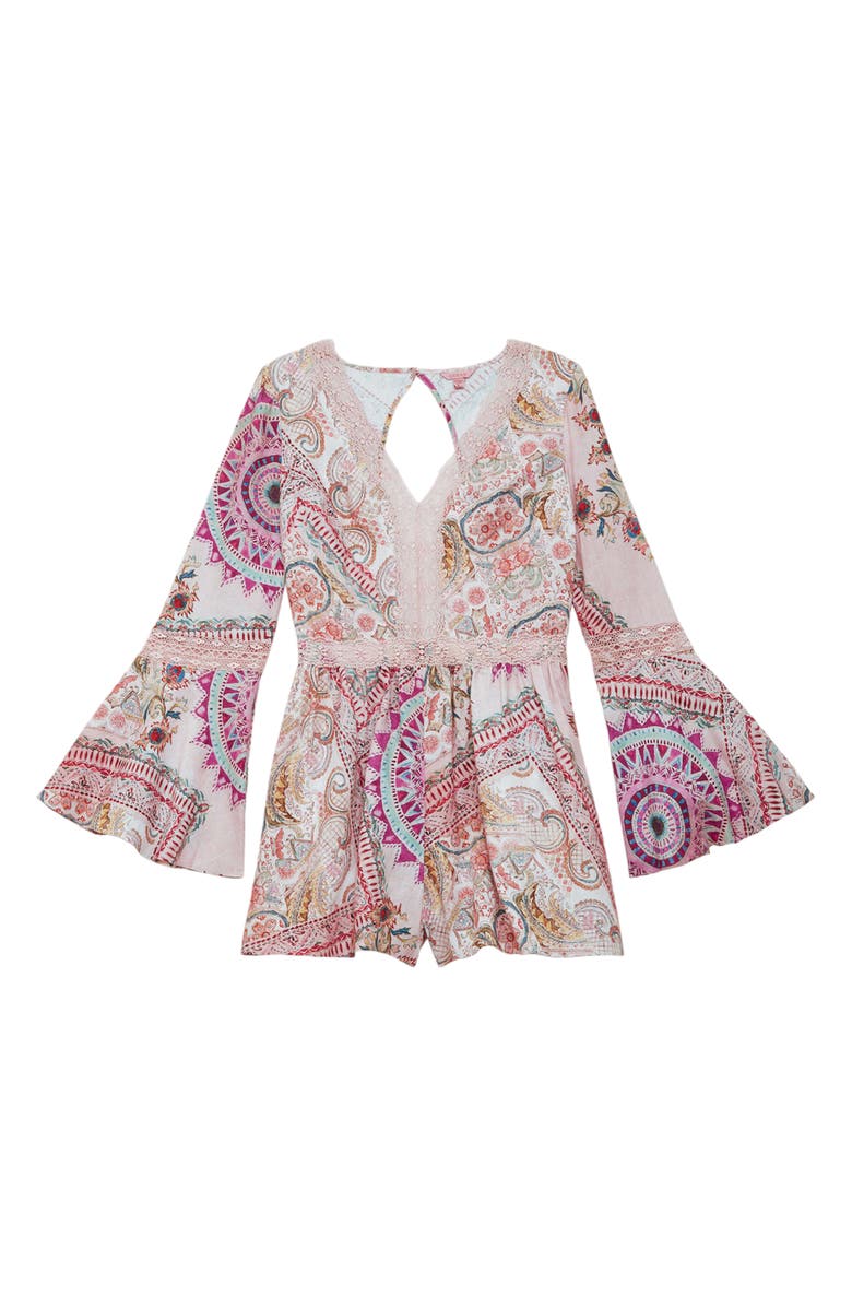 GUESS Kali Paisley Cutout Long Sleeve Linen Romper, Alternate, color, 