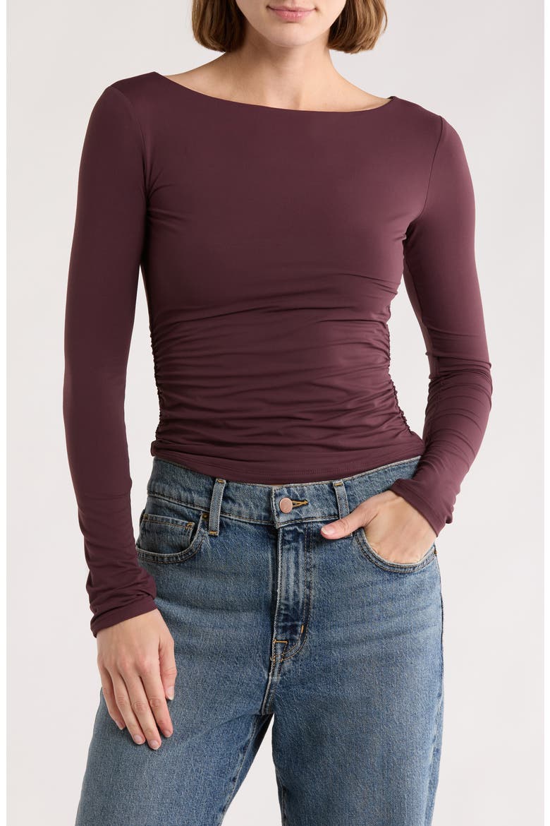 Boat Neck Long Sleeve Ruched Top, Main, color, BURGUNDY FUDGE