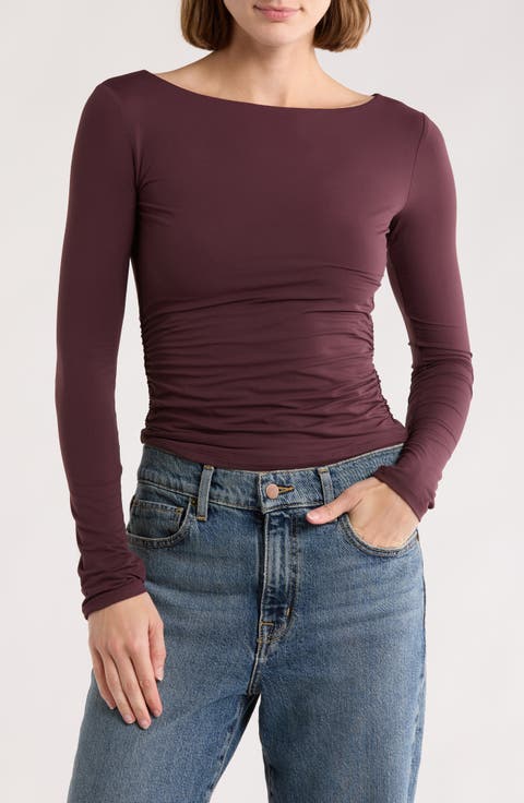 Boat Neck Long Sleeve Ruched Top