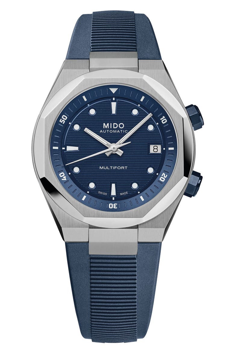 Multifort 8 Two Crowns Automatic Rubber Strap Watch, 40mm, Main, color, BLUE