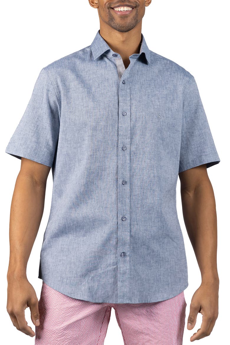Mélange Linen Blend Button-Up Shirt, Main, color, DENIM BLUE