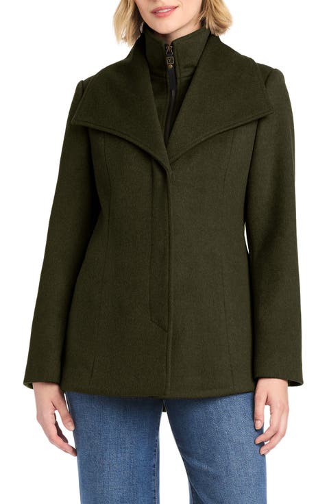 High-Low Hem Wool Blend Coat with Fixed Bib