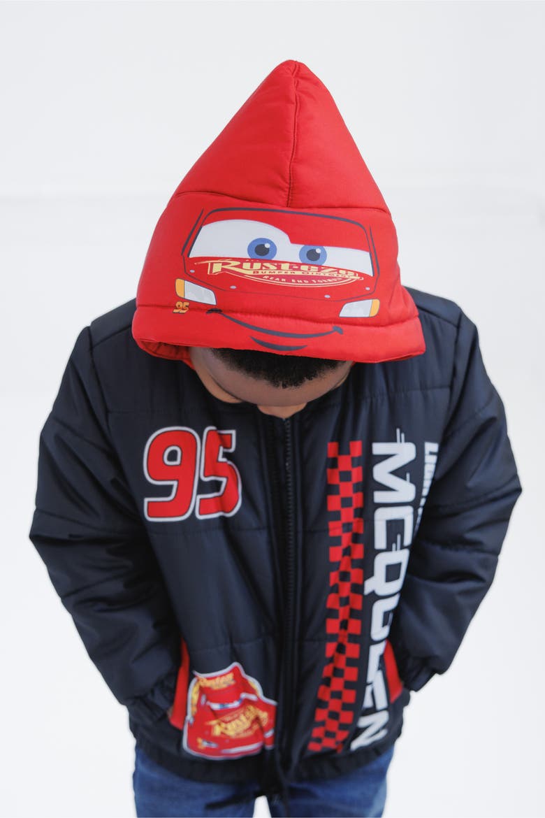 Cars Lightning McQueen Hooded Zip-Up Puffer Coat, Alternate, color, Black Red McQueen