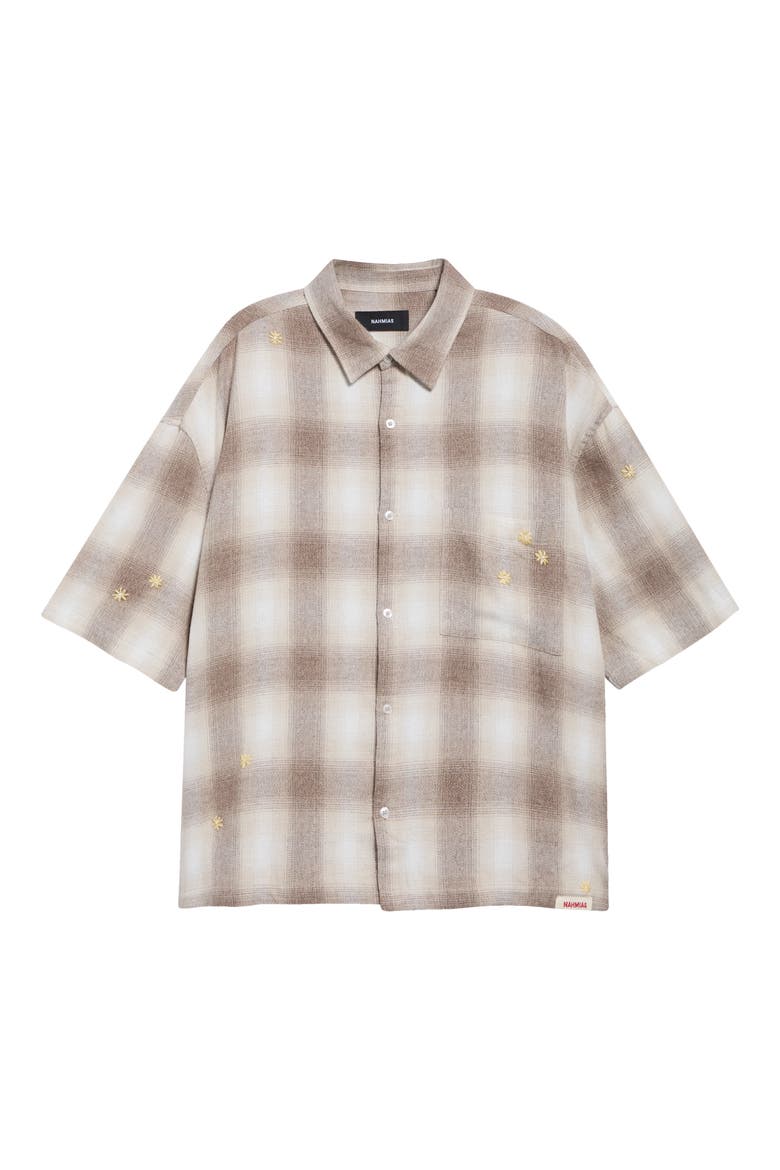 Oversize Floral Embroidered Plaid Short Sleeve Cotton Flannel Button-Up Shirt, Main, color, SAND