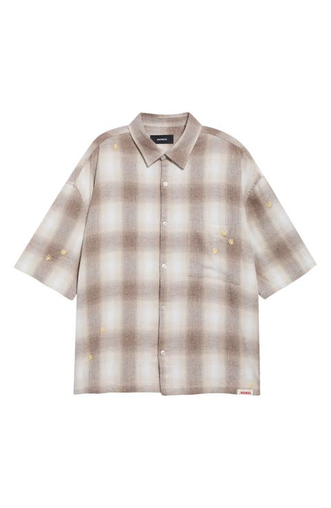 Oversize Floral Embroidered Plaid Short Sleeve Cotton Flannel Button-Up Shirt