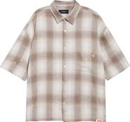 NAHMIAS Oversize Floral Embroidered Plaid Short Sleeve Cotton Flannel Button-Up Shirt