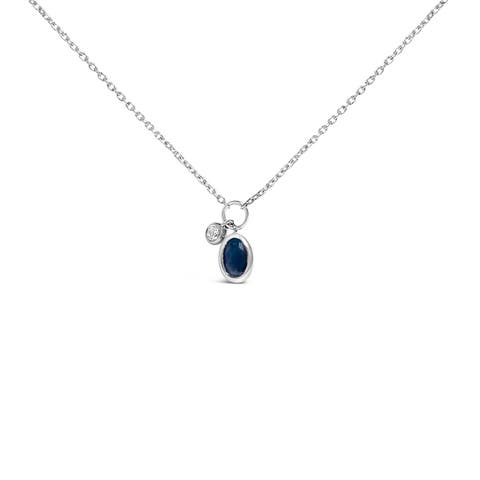 10K White Gold Oval Blue Sapphire and Diamond Double Charm Pendant Necklace