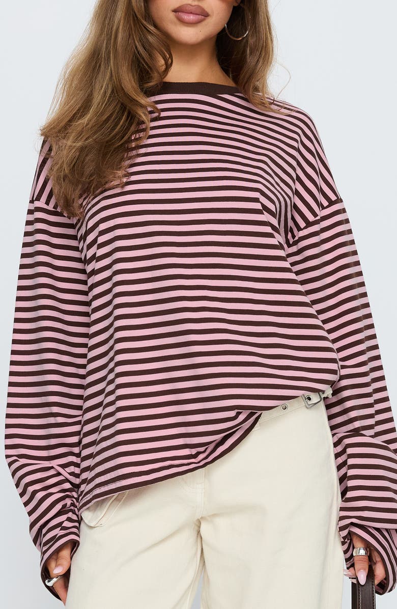 Princess Polly Settle Down Stripe Oversize T-Shirt, Main, color, Pink / Brown Stripe
