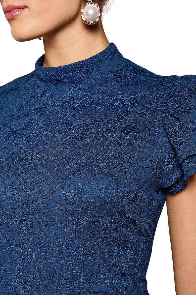 Lace Frill Sleeve High Neck Midi Dress, Alternate, color, Navy