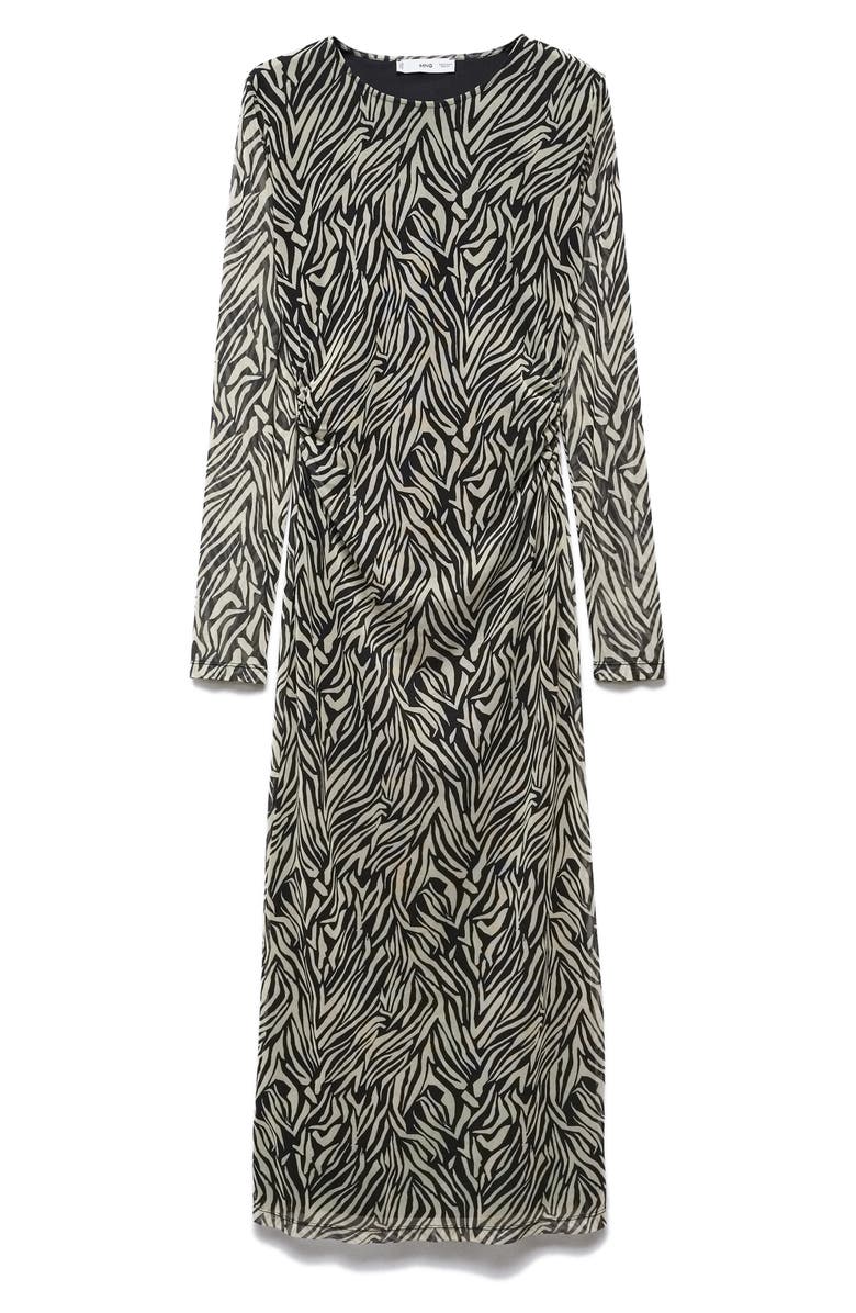 MANGO Zebra Print Long Sleeve Mesh Midi Dress, Alternate, color,
