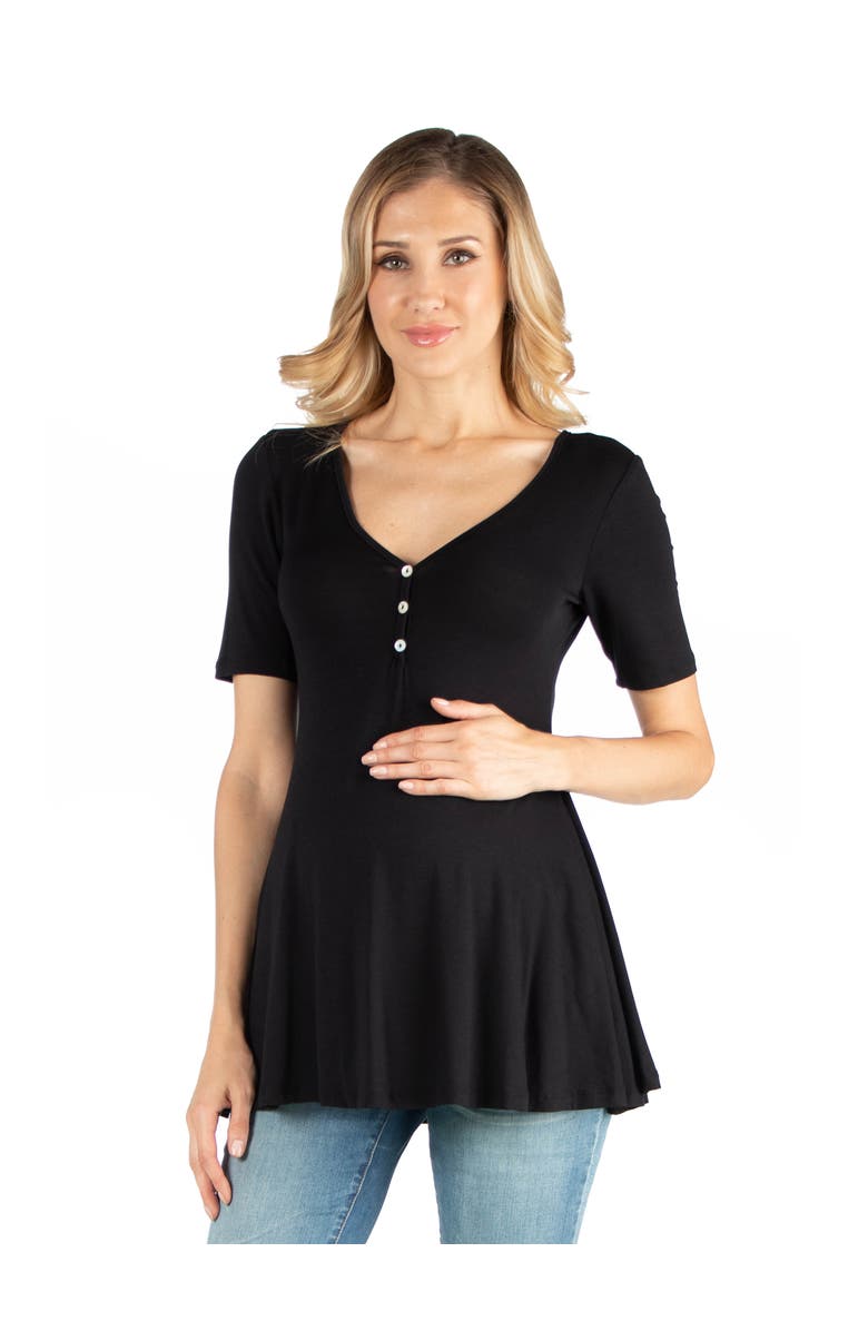 24seven Comfort Apparel Maternity Elbow Sleeve Tunic Top with Button Detail, Main, color, Black