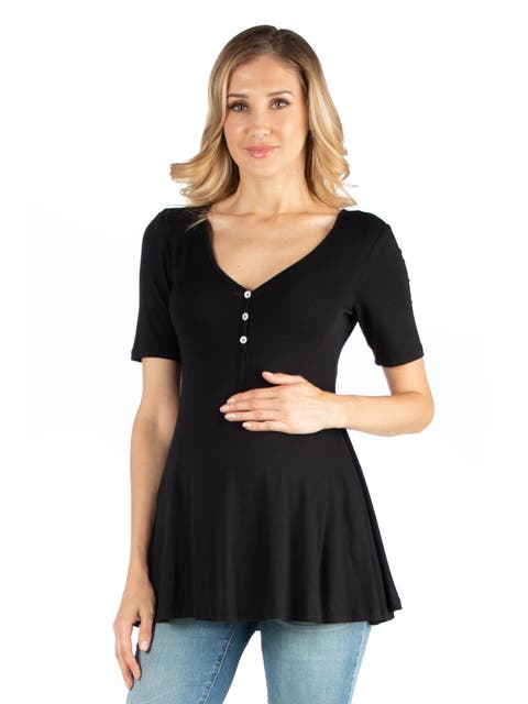 Maternity Elbow Sleeve Tunic Top with Button Detail