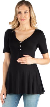 24seven Comfort Apparel Maternity Elbow Sleeve Tunic Top with Button Detail
